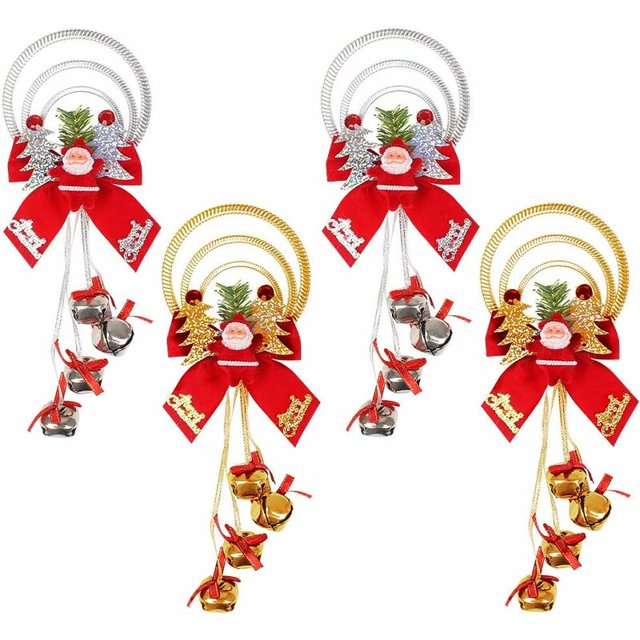 Campana navideña colgante 4 piezas colgante de campana de Navidad adorno de campana de árbol de Navidad cascabeles anillo de campana pajarita decoración de Papá Noel para puerta pared ventana (plata,