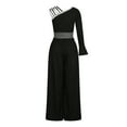 thumbnail image 5 of Pitauce Jumpsuits for Women Patchwork Cold Shoulder Long Sleeve Jumpsuit Straight Wide Leg Pants Sparkling Long Romper with Belt, 5 of 6