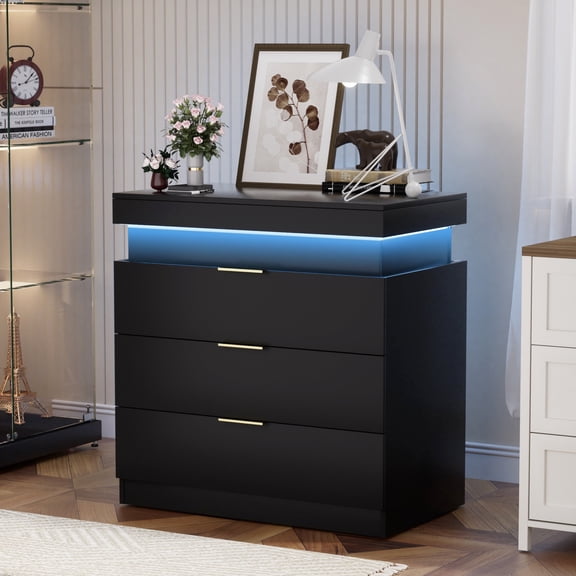 Modern Black Nightstand with Charging Station and LED Lights - Sliding Top Drawer, Ideal for Bedroom and Living Room