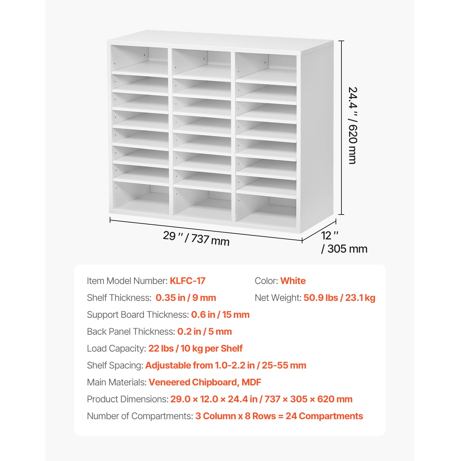 KFFKFF Document Divider, 24 Sections Office Postbox with Modifiable Racks, Timber Post Sorter Medium Density Fiberboard for Office, Home, Classroom Storage of Files, Documents, Papers, in White