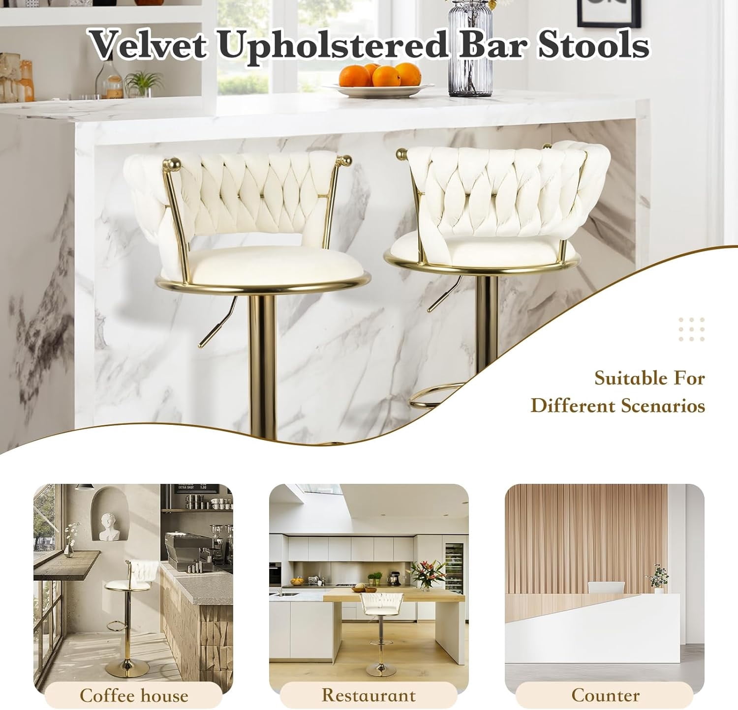Homefun Swivel Velvet Bar Stools Set of 2, Height Adjustable Counter Height Stools with Low Back, Gold Swivel Bar Chairs for Kitchen Island