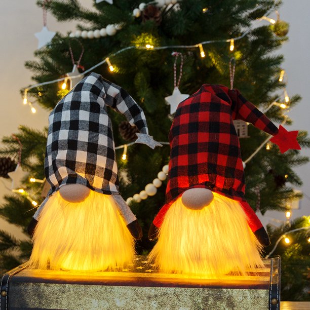 2 piezas de decoraciones navideñas de gnomo con luz LED, gnomos de Tomte suecos hechos a mano, adornos de mesa de felpa de elfo de Papá Noel escandinavo, figura nórdica, regalo de decoración navideña (rojo y gris) Rojo Verde RV011031-01395SDJ