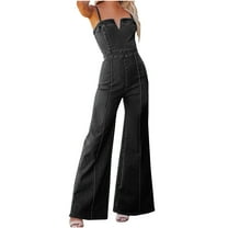 ABATAB Womens Denim Jumpsuit Cute V Neck Spaghetti Straps Jeans Outfits Casual Wide Leg Long Pants Summer Baech Trendy Rompers