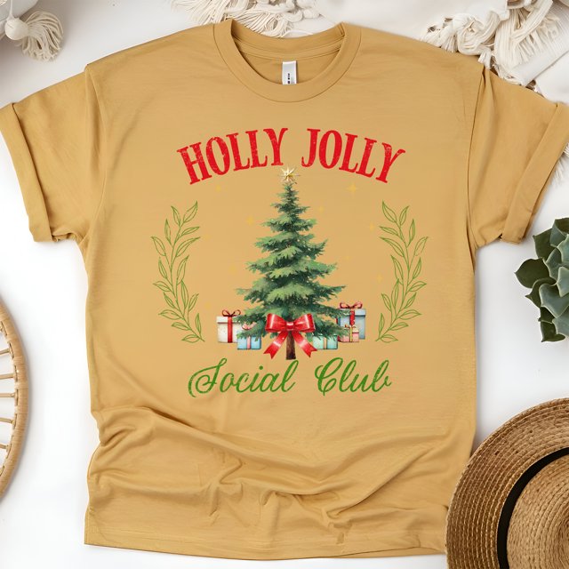Holly Jolly Social Club T-Shirt | Christmas Tree Graphic Tee, Gold, Size S