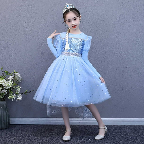 Girls Elsa Princess Fancy Party Dress Costume Snow Queen Cute Princess  Dress Costume(Long Sleeve)