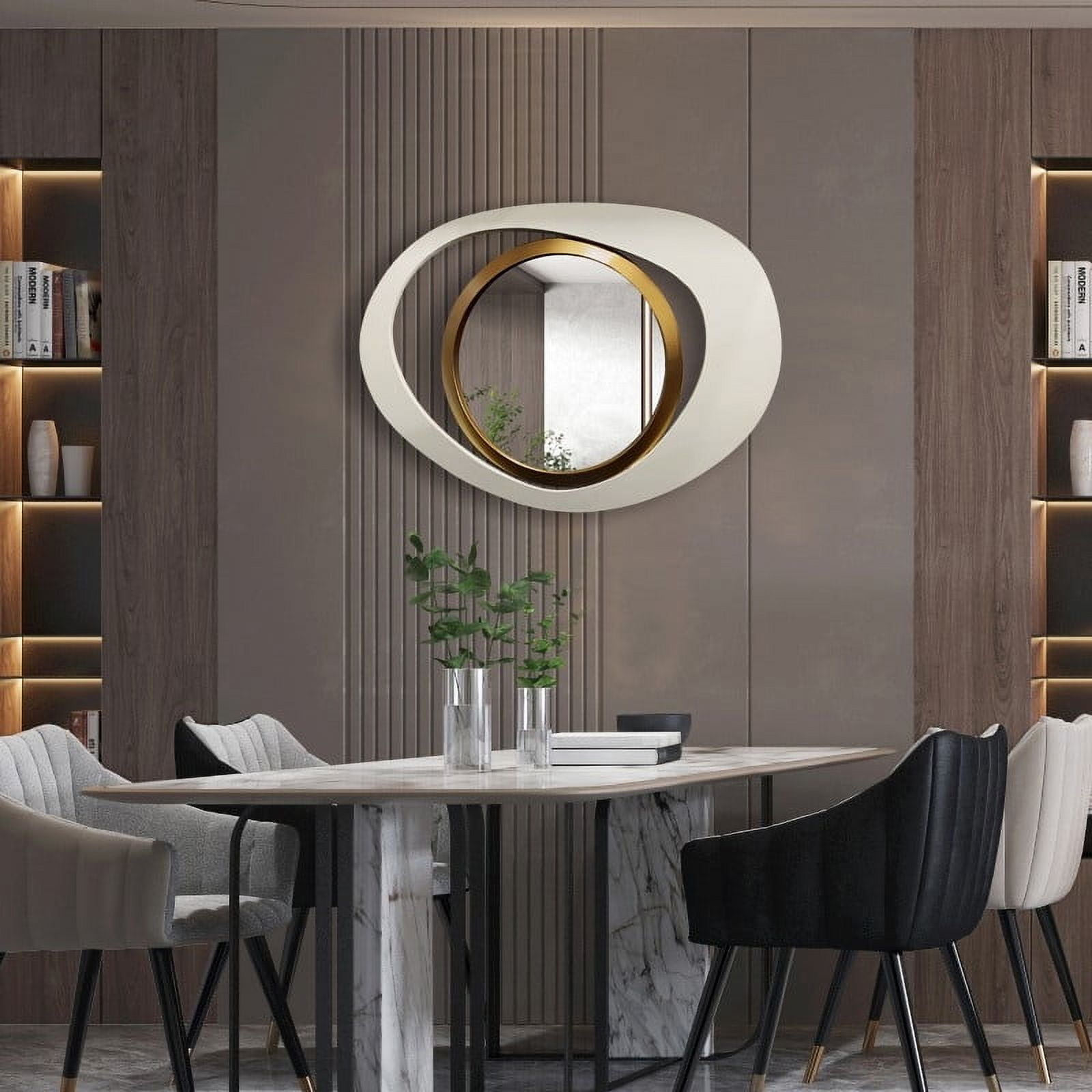 Homary Modern 23.6" Wall Mirror Decor Large White & Gold Abstract Geometry Wall Mirror Decor Living Room Bedroom