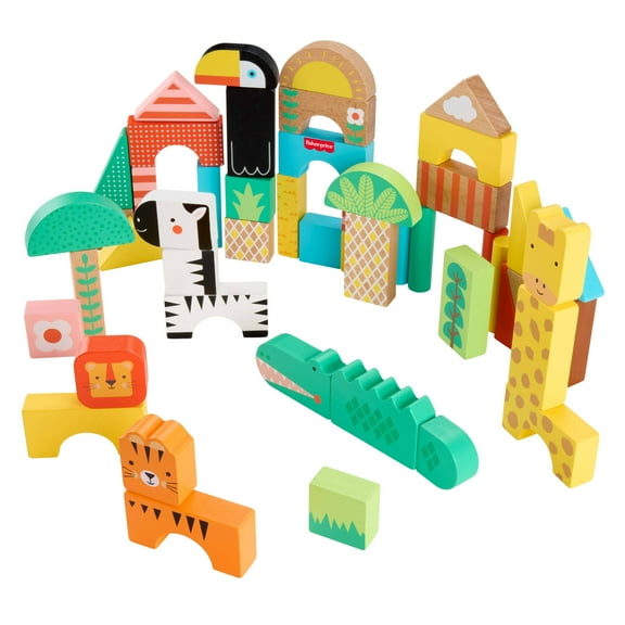 Fisher-Price Wooden Jungle Blocks, Animal-Themed Building Set for Toddlers, 50 Wood Pieces