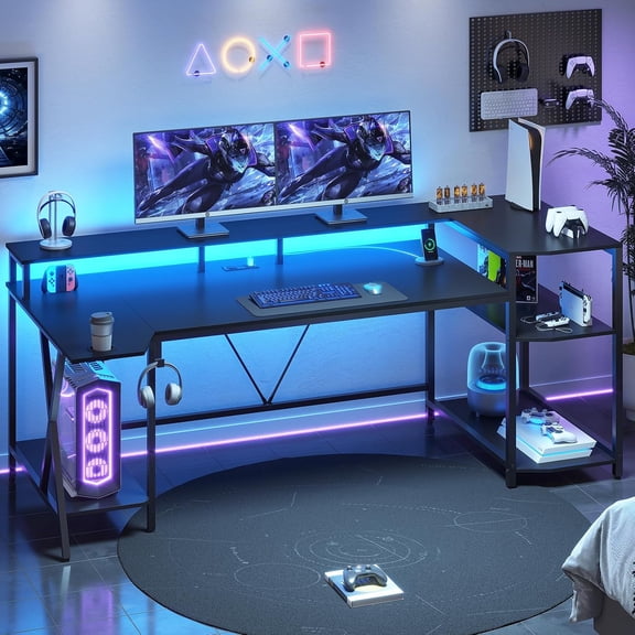 70.8'' Gaming Desk with LED Lights, Storage Shelves, Power Outlets | Computer Desk with Monitor Stand, Cup Holder, Large PC Gamer Table for Bedroom, Living Room, Black
