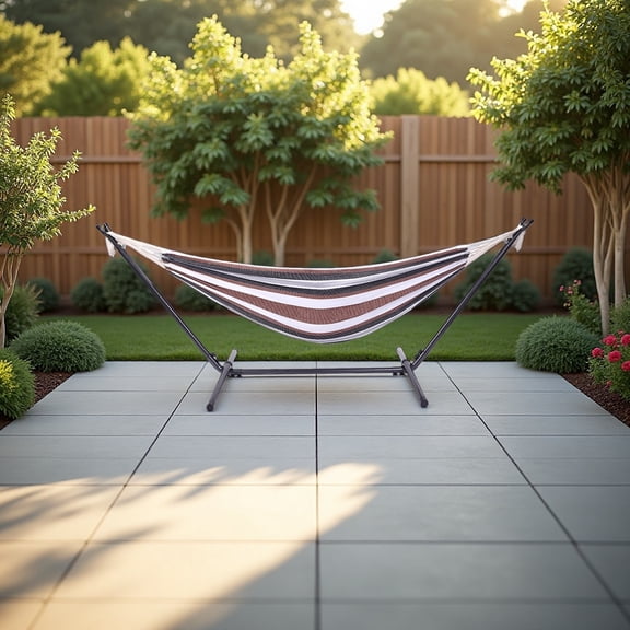Portable Black & Silver Hammock Stand with Coffee Stripe Polyester Hammock - Easy Assembly, 250LBS Capacity for Patio, Camping & Backyard Relaxation