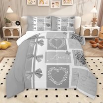 Manfei Romantic Love Heart Queen Comforter Set for Female, Kawaii Cartoon Bow-tie Bedding Sets, Grey Buffalo Plaid Reversible Bedding Comforter Set, Lightweight Room Decor, 3pcs