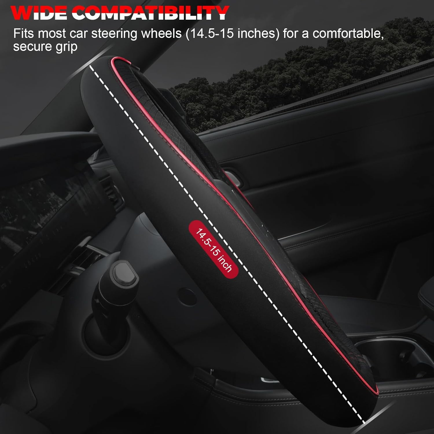 Car Steering Wheel Cover, Microfiber Leather Steering Wheel Covers with Anti-Slip Lining, Universal 14.5-15 Inch Black with Red line