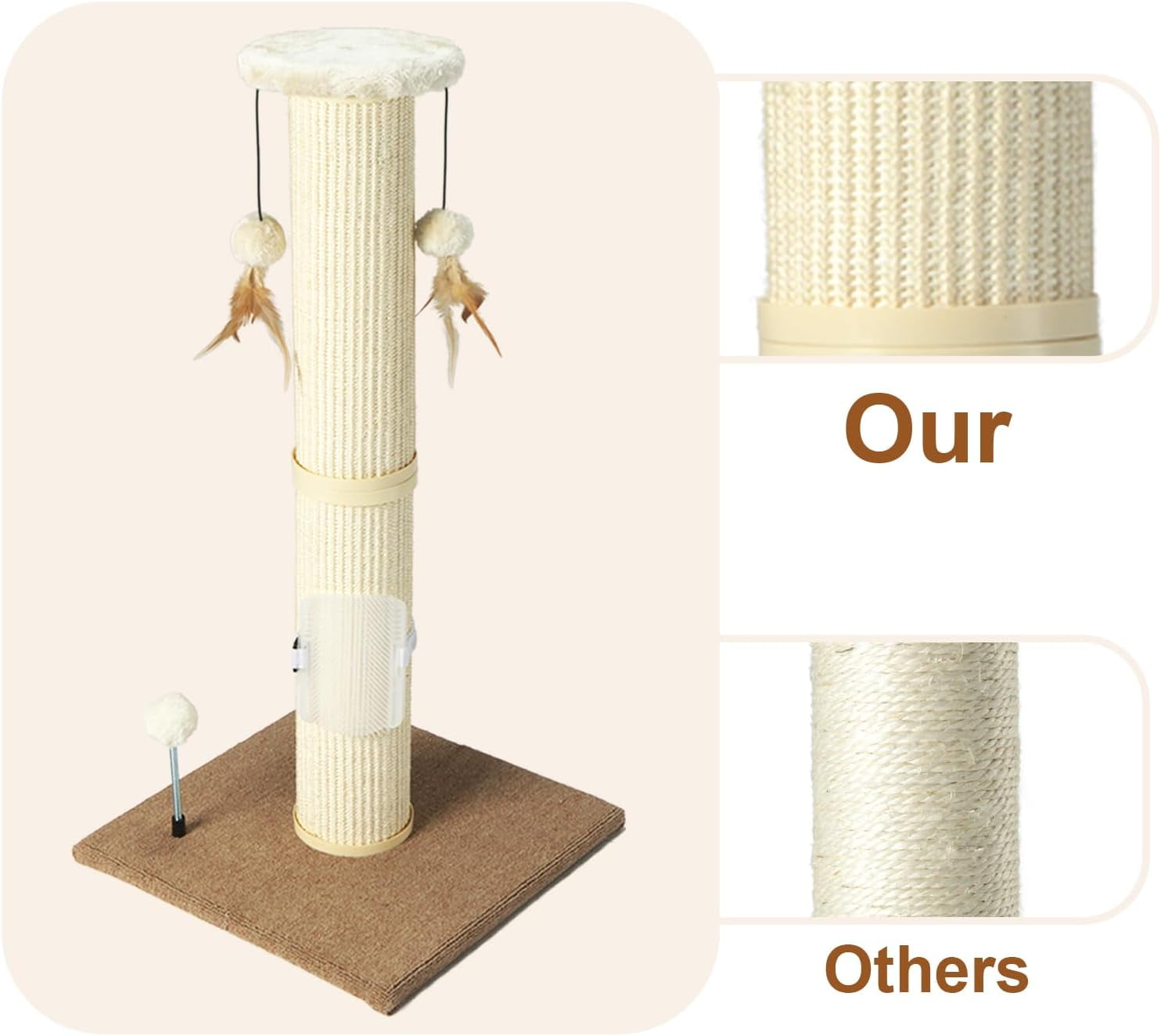 Cat Scratching Post,34" Tall Large Sisal Woven Scratch Posts for Cats,with Hanging Ball Toy and Self-Massage Brush,Vertical Scratcher,5 Inches Diameter,Beige