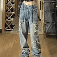 thumbnail image 3 of Pantalones vaqueros de mujer con estampado de estrellas, pantalones vaqueros rectos de pierna ancha, pantalones holgados Y2K, pantalones cargo de calle vintage con bolsillos (M), 3 of 5