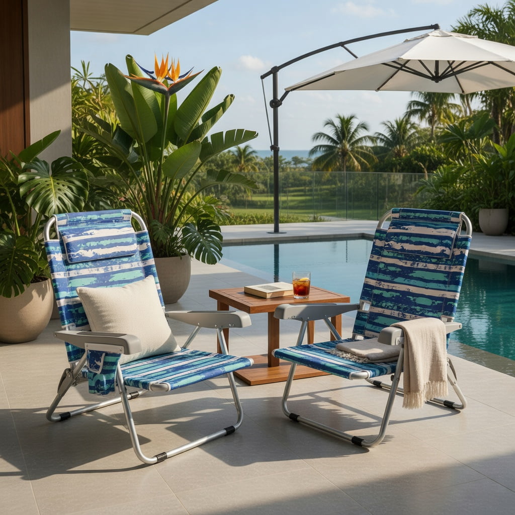 Hommoo 2-Pack Foldable Beach Chair with Cup Holder, Adjustable Backrest & Storage Pockets, Lightweight Aluminum Frame, Waterproof 600D Oxford Fabric, Navy