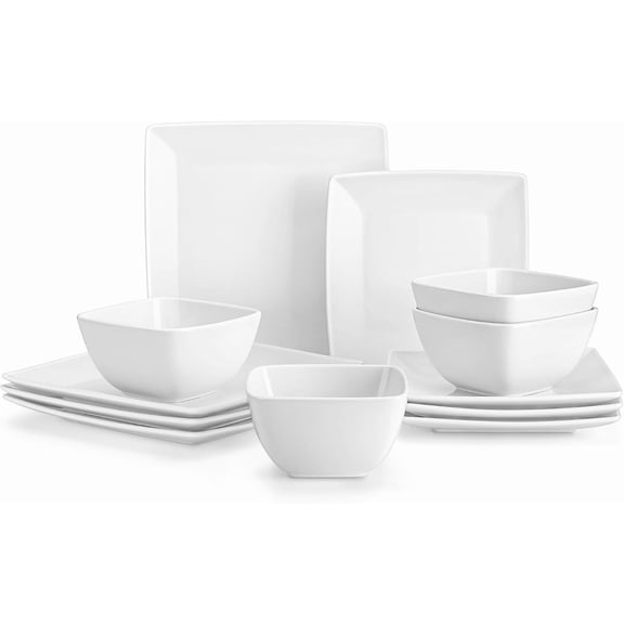 12-Piece White Stoneware Square Dinnerware Set for 4