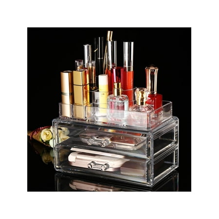 Display Tabletop 2 Drawer Container Storage Jewelry Cosmetics Makeup Organizer Clear WSY