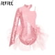 thumbnail image 2 of Traje de leotardo con falda de tul y plumas de lentejuelas brillantes para niñas, traje de manga larga con cuello simulado, traje de actuación de baile, 2 of 5