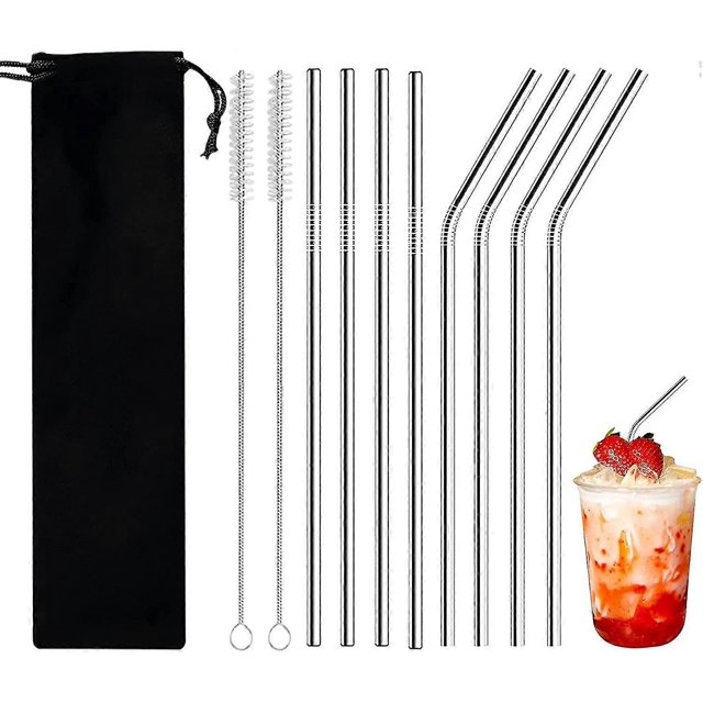 Pajitas de acero inoxidable (8 unidades), pajitas largas para vasos de 100 oz, pajitas metálicas reutilizables y 2 cepillos de limpieza adicionales.