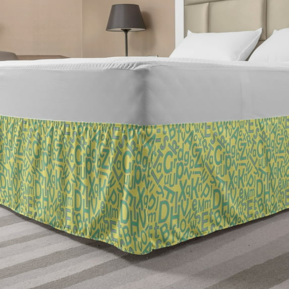 Alphabet Bed Skirt, Vibrant Illustration of Calligraphy Learning ABC's, Elastic Bedskirt Dust Ruffle Wrap Around for Bedding Decor, 4 Sizes, Yellow Shamrock Green, by Ambesonne