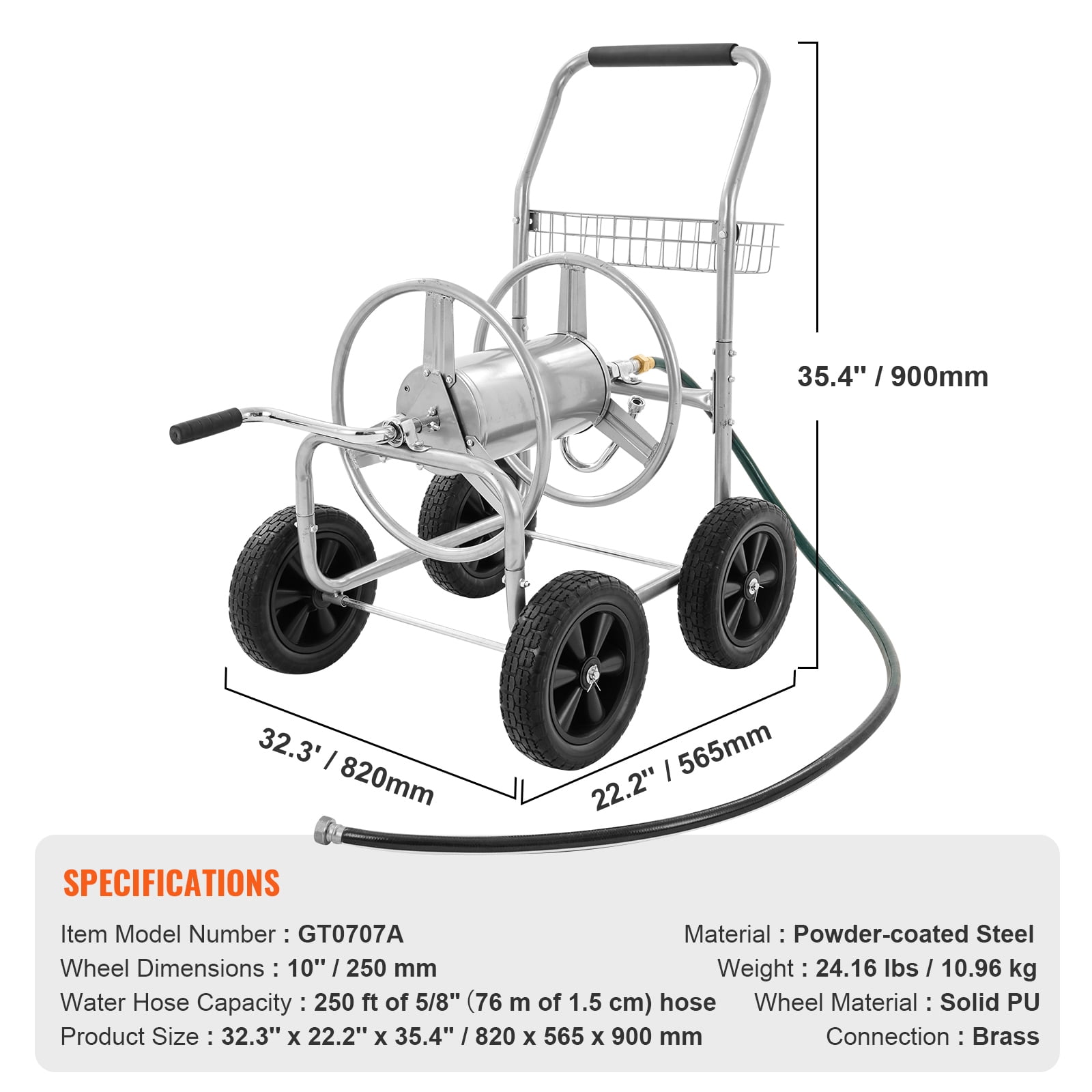 BENTISM Hose Reel Cart with Wheels, Metal Hose Reel Holds 250 Feet of 5/8" Hose Capacity Heavy Duty Outdoor Water Planting Truck for Yard, Garden