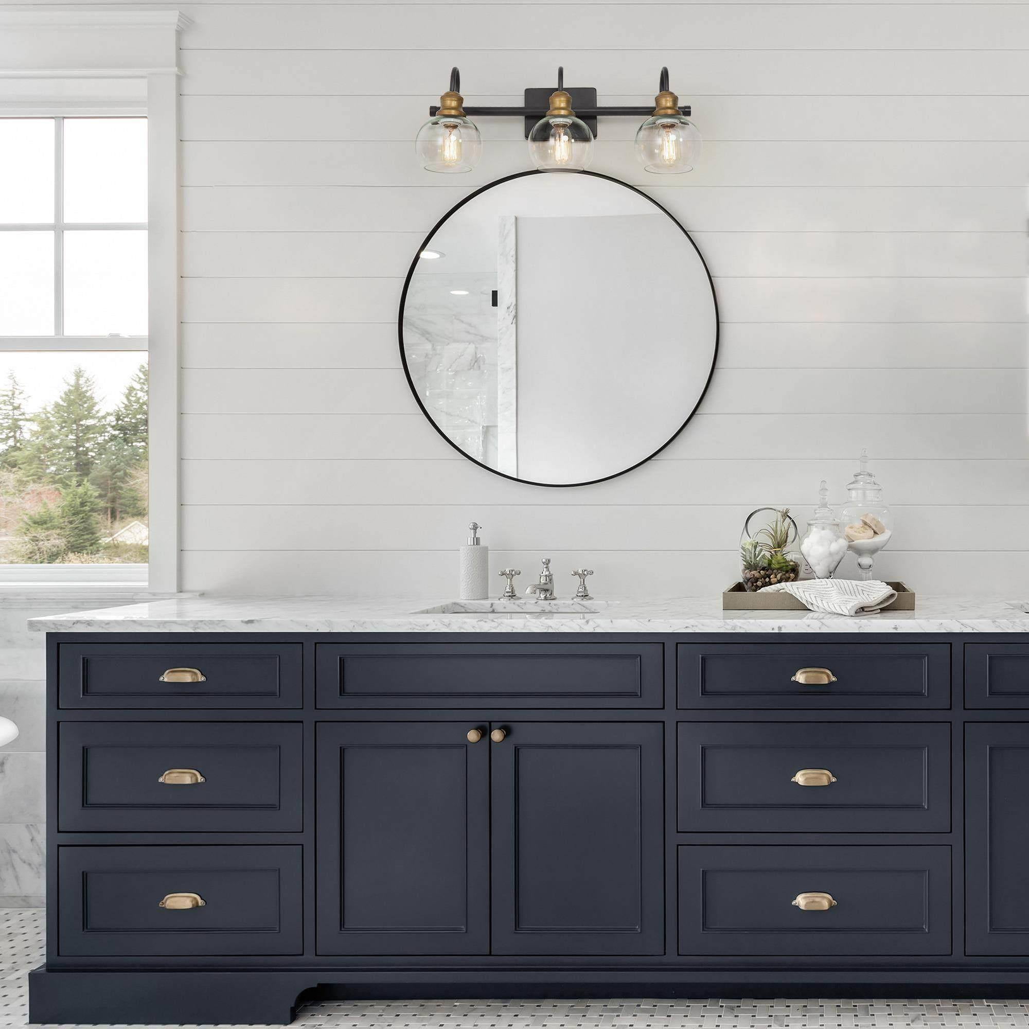 LNC 3-Light Farmhouse Vanity Light in Bronze and Brushed Gold with Globe Glass Shades