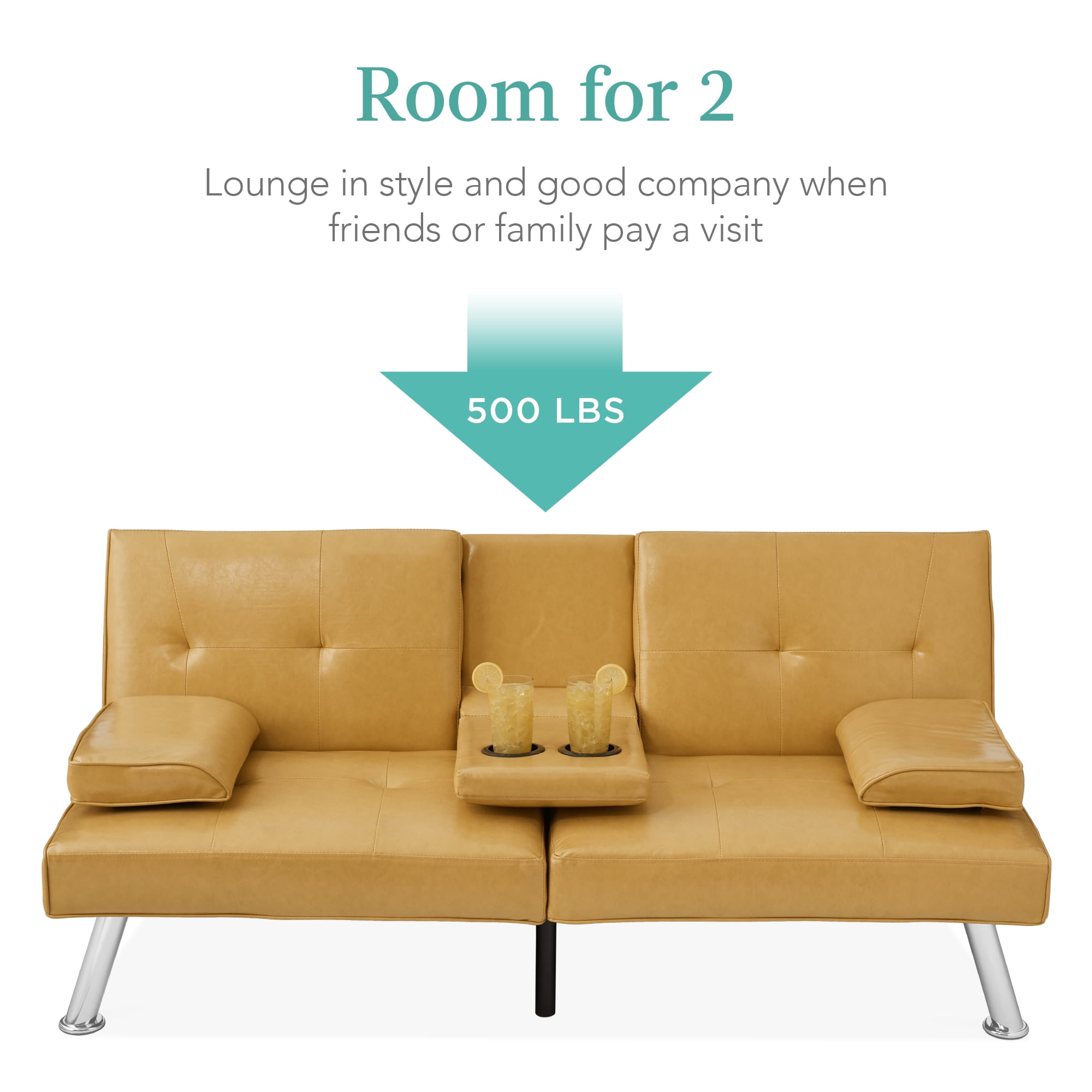 Best Choice Products Modern Faux Leather Convertible Futon Sofa w/ Removable Armrests, 2 Cupholders - Camel Yellow