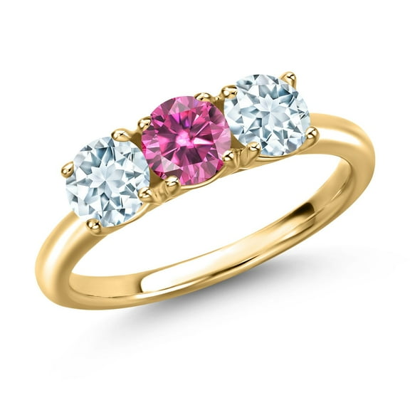 Gem Stone King 18K Yellow Gold Plated Silver Pink Moissanite and Sky Blue Aquamarine Engagement Ring for Women | 1.50 Cttw | Round 5MM | Gemstone Birthstone | Size 6