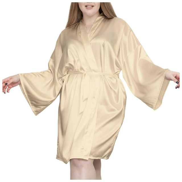 Bata kimono de satén para mujer talla grande - Ropa de dormir corta y sedosa - Cuello en V con cinturón - XL-4XL