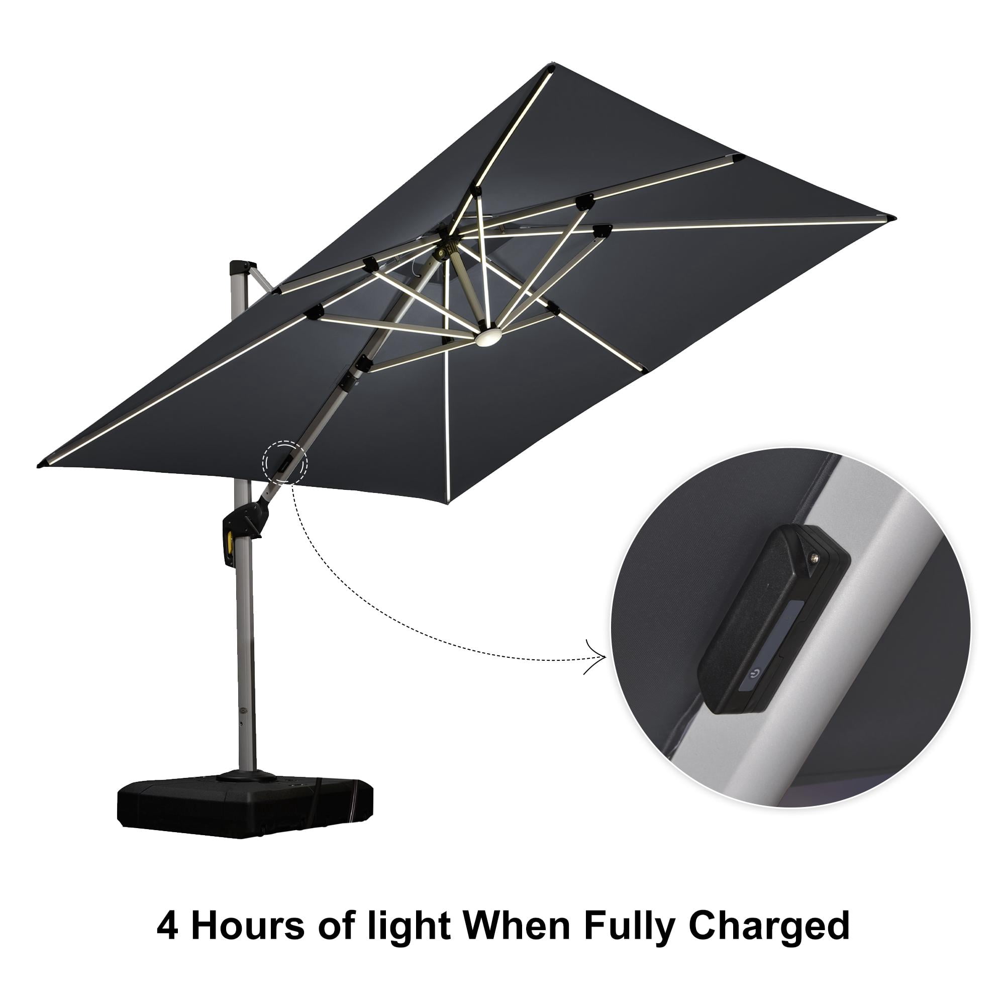 PURPLE LEAF 10' X 13' Double Top Deluxe Solar Powered LED Rectangle Patio Umbrella Offset Hanging Umbrella Outdoor Market Umbrella Garden Umbrella, Gray