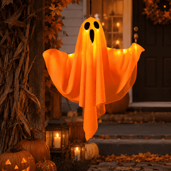 Laybasic Halloween Decorations Outdoor Indoor, 20" Hanging Glowing Ghost Lantern, 3 Modes Warm White LED Flying Ghost Decor for Front Yard Tree Porch Party, Orange