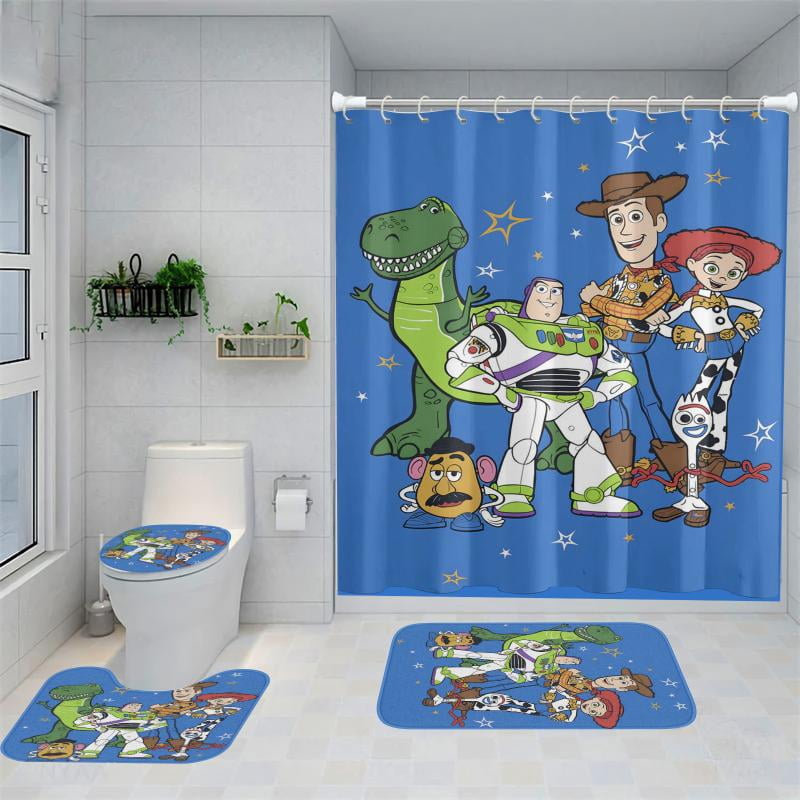 Lheaggik Cartoon Story 4 Pcs Bathroom Sets with Shower Curtain and Rugs, Waterproof Polyester Shower Curtain Sets with Hooks