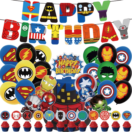 38-Pcs For Avengers Cartoon-Themed Party Decoration Set – Includes Banner, Cake Topper, 12 Cupcake Toppers, 6 Foil Balloons, and 18 Balloons for Festive Celebrations