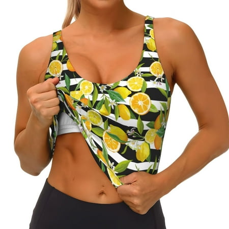 Qokaie Orange and Lemon Pattern Womens Scoop Neck Sports Bra Breathable Workout Vest Padded U Back Medium Impact Fitness Gym Yoga Bra Workout Crop Top