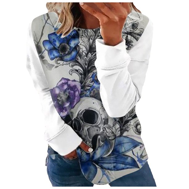 Sudadera con capucha de Halloween de manga larga informal suelta con estampado de cuello redondo para mujer Pompotops gfhjh1754