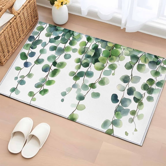 Rectangle Rug 2x3ft Area Rug, Spring Green Eucalyptus Leaves Watercolor Area Rugs for Living Room Bedroom, Country Plant on White Floor Mat Non-Slip Non-Shedding Carpet Indoor Accent Rugs