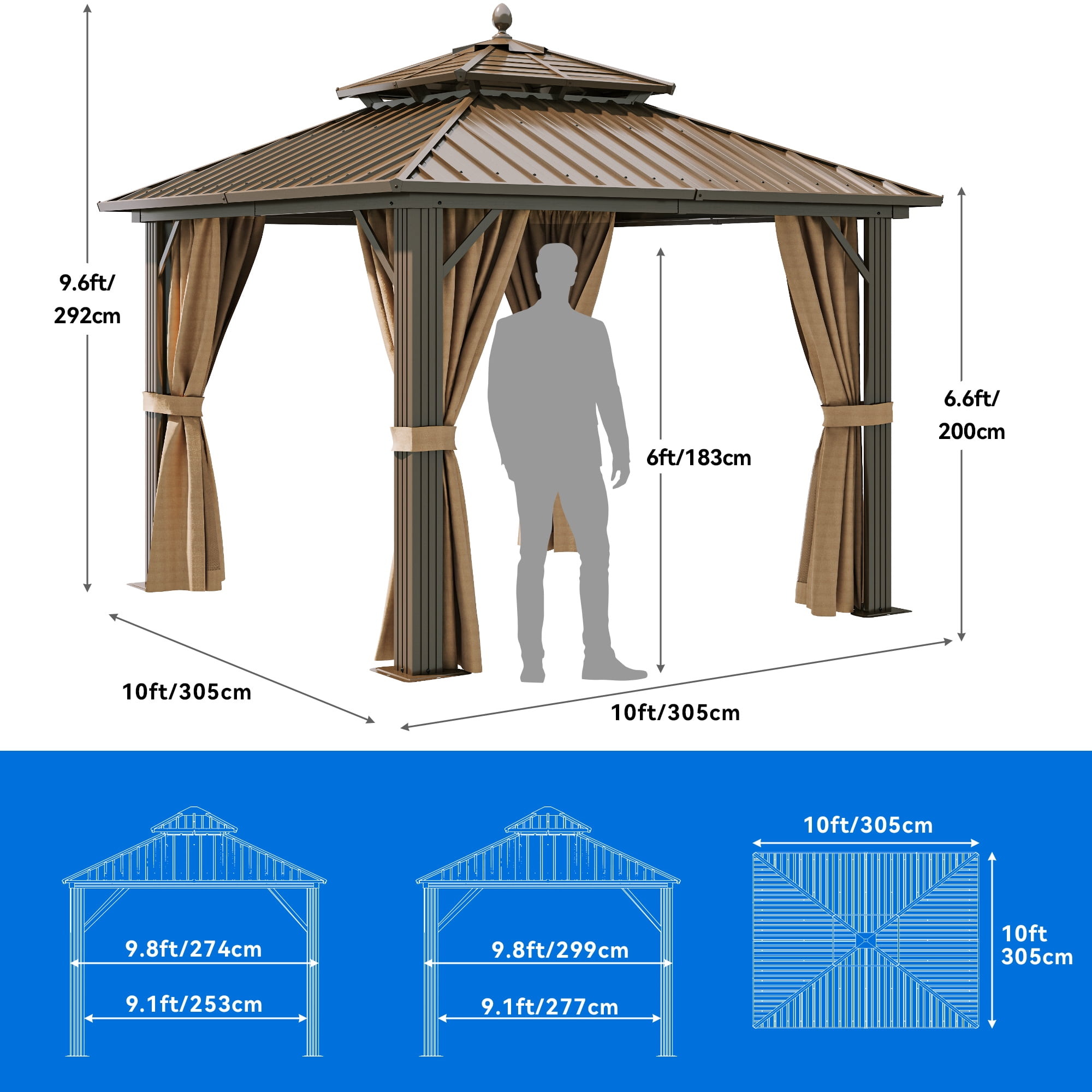 Dextrus 10' x 10' Double Roof Hardtop Gazebo, Galvanized Steel with Netting and Curtains