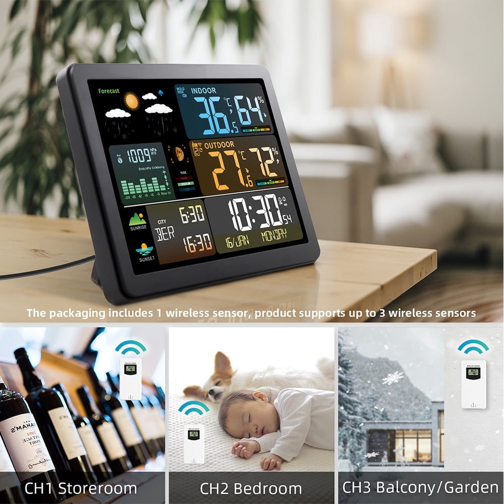 Weather Station,Weather Station With Clock Indoor Clock Temperature With Color Screen Weather Station With Clock 1 To Indoor And 3 And Temperature Temperature Meter