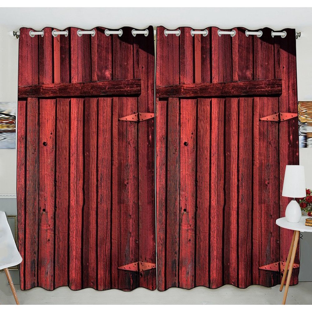 GCKG Old Red Barn Wood Door Window Curtain Kitchen Curtain Size 52(W) x