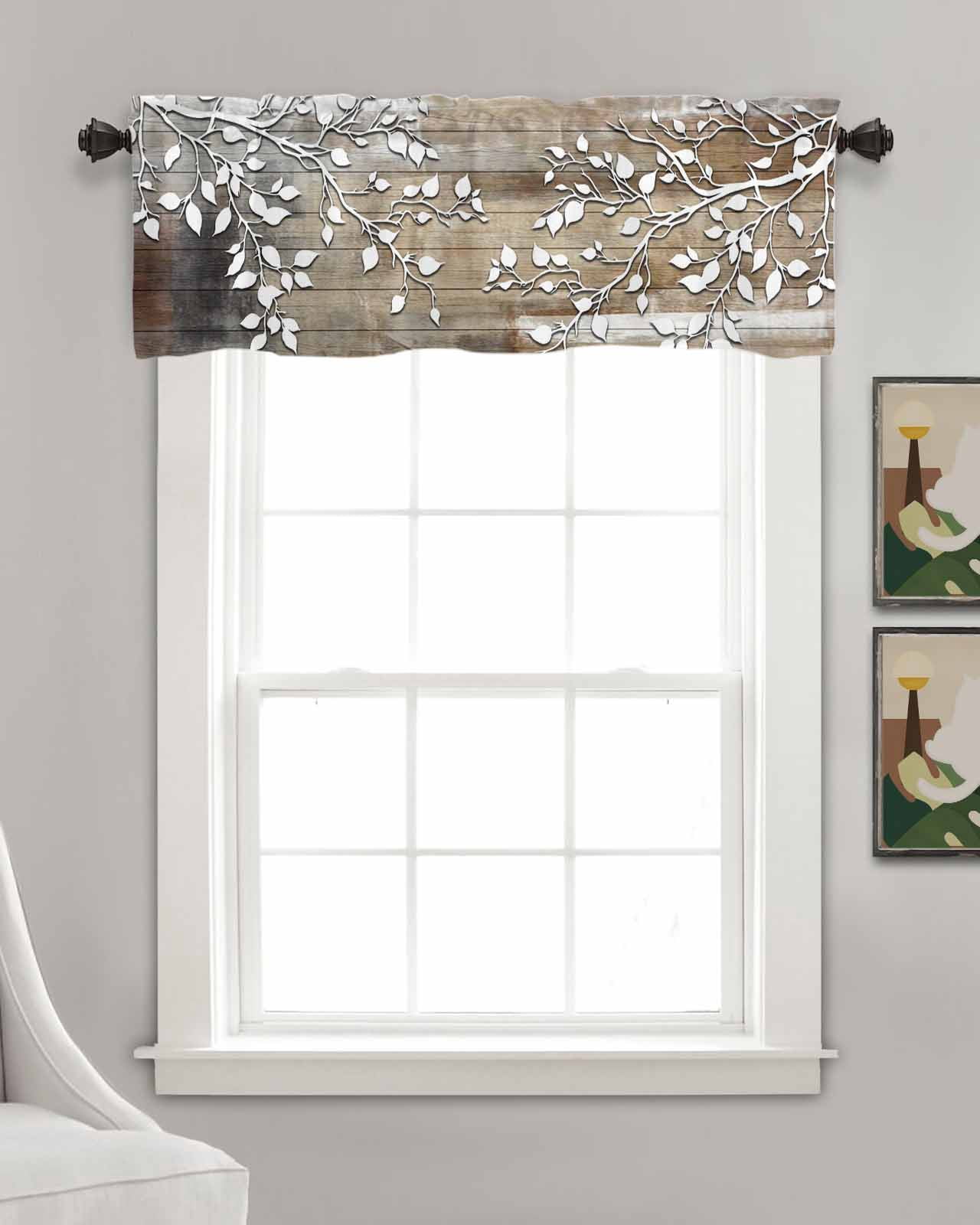 White Branches Kitchen Valances for Windows Farmhouse Linen Window Valance Curtain for Living Room Window Treatment Brown Beige Wooden Grain Valance Rod Pocket Topper Drape, 42 x 18 Inch