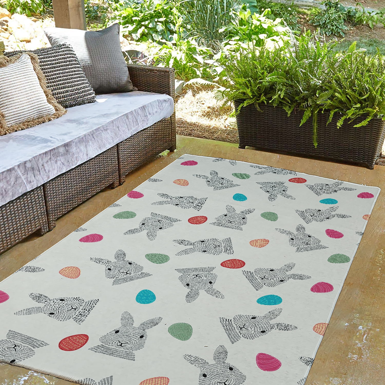 Simply Daisy 3' x 5' Whisper White Bunnies and Eggs Easter Chenille Indoor/Outdoor Rug