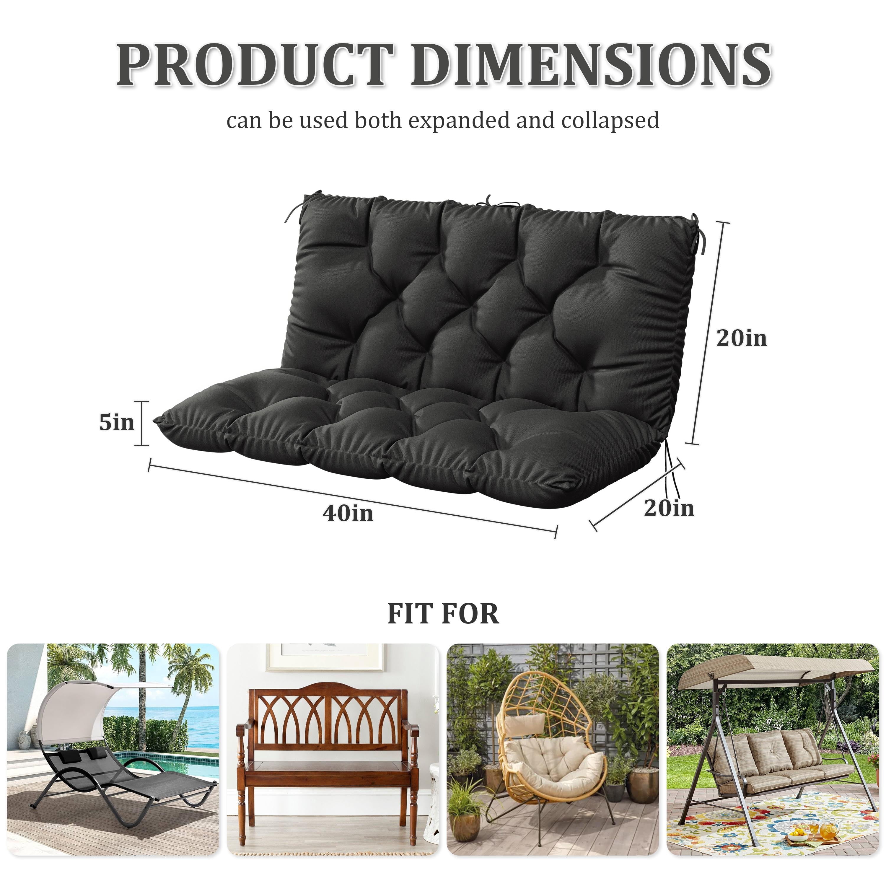 Kimunuk Outdoor Porch Swing Cushion, 40" X 40" X 5" Waterproof Bench Chair Replacement Cushion with 6 Ties for Patio, Black