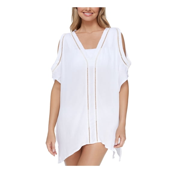 RAISINS Women's White Eyelet Caftan Cold-Shoulder Deep V Neck Cutout Samba Swimsuit Cover Up M