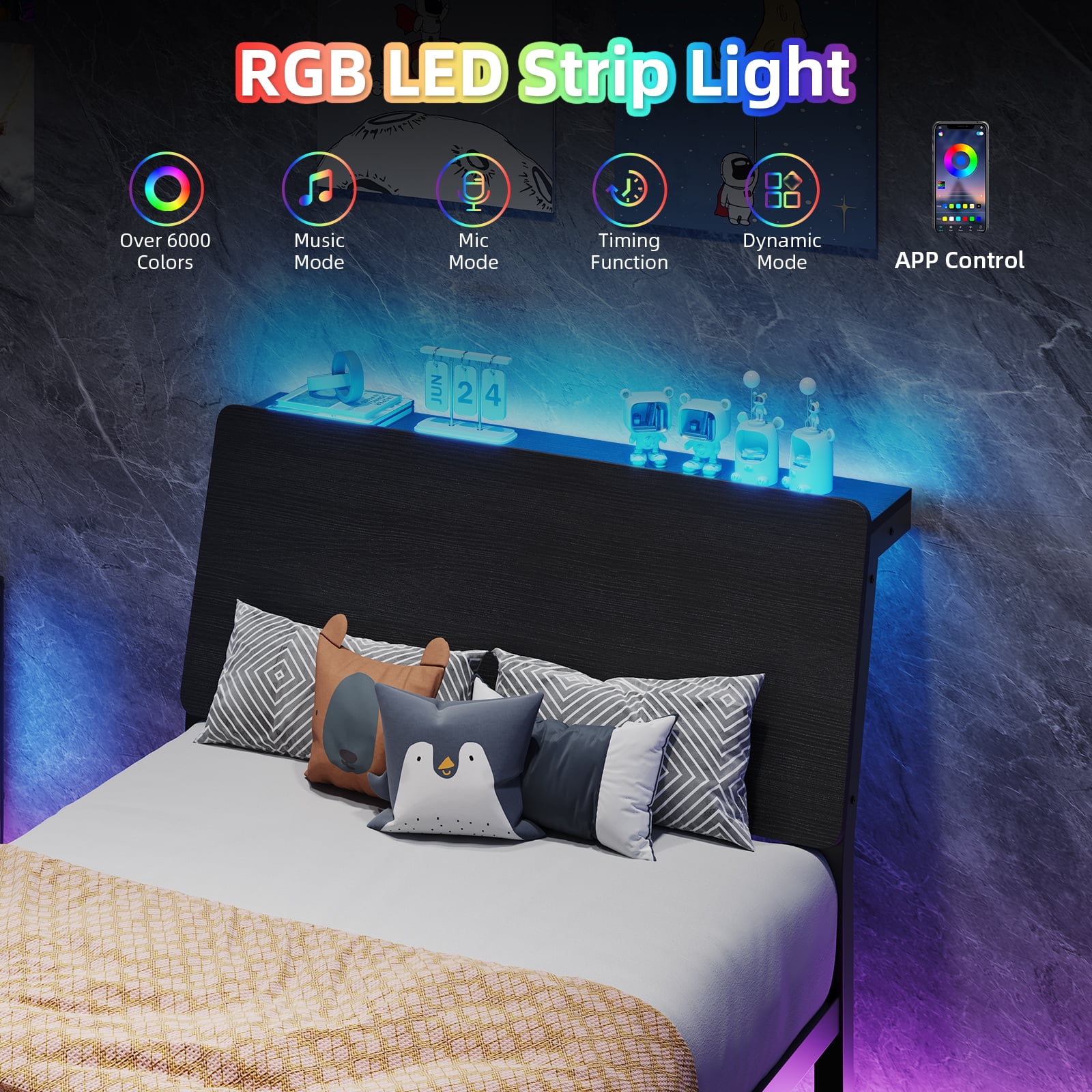 4 EVER WINNER Twin Bed Frame with Storage Headboard and LED Light, Metal Platform Bed Frame with Wooden Headboard, No Box Spring, Black