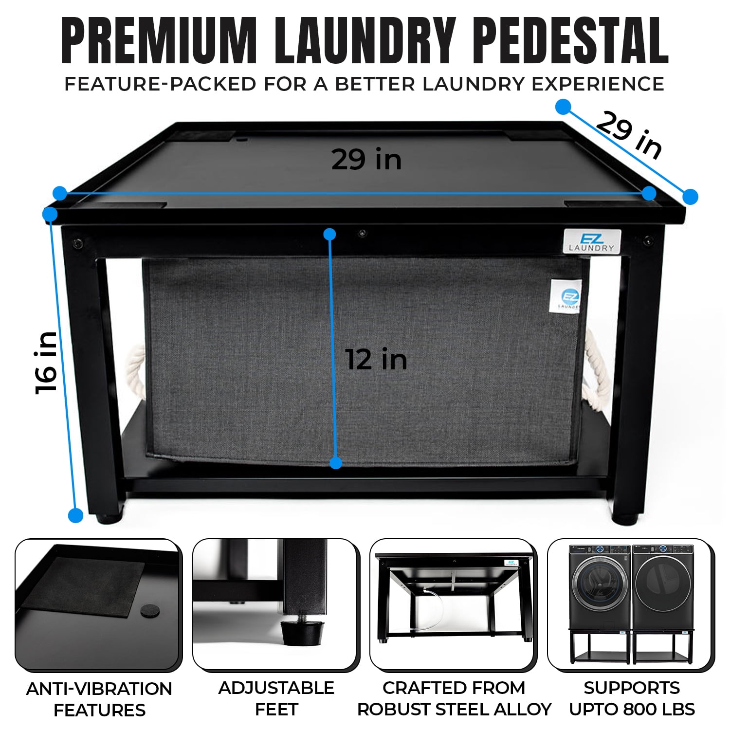 EZ Laundry Pedestal 29" Wide x 16" High Steel Support Stand for Washer and Dryer – Black