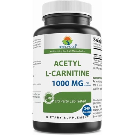 Brieofood Acetyl L-Carnitine 1000 mg Per Serving- 240 Capsules. Gluten-Free, Non-GMO.