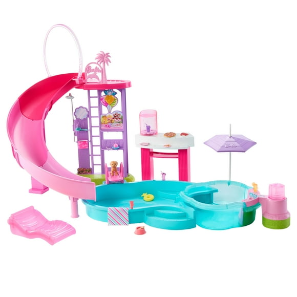 Barbie Dream Pool Playset with Slide & Bubbling Hot Tub, 20+ Accessories Including Pet, Floaties & More