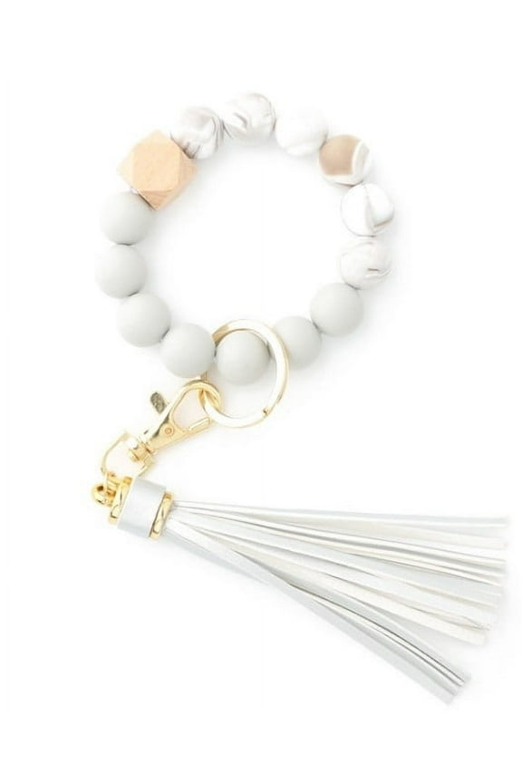 Hanging Ornament Silicone Key Ring Bracelet, Women Beaded Bangle Keychain Wristlet Leather Tassel White