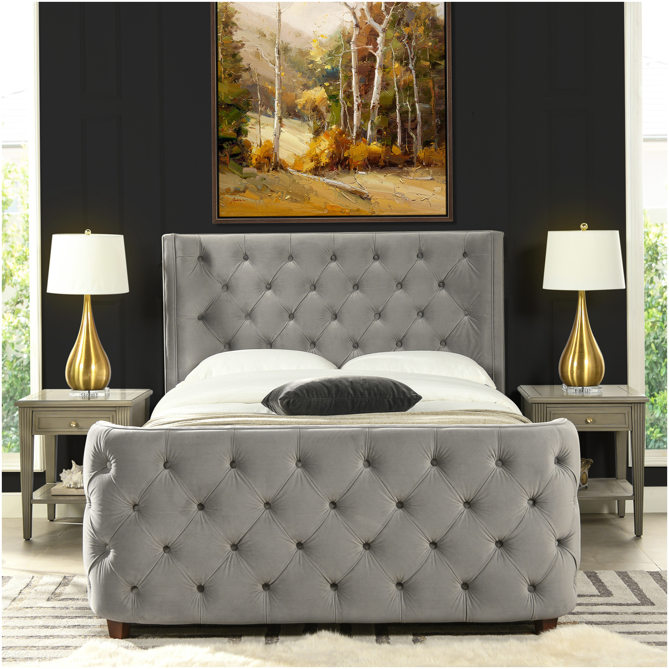 Luxury Velvet Upholstered Queen Bed Frame with Wingback Headboard for Modern Bedroom