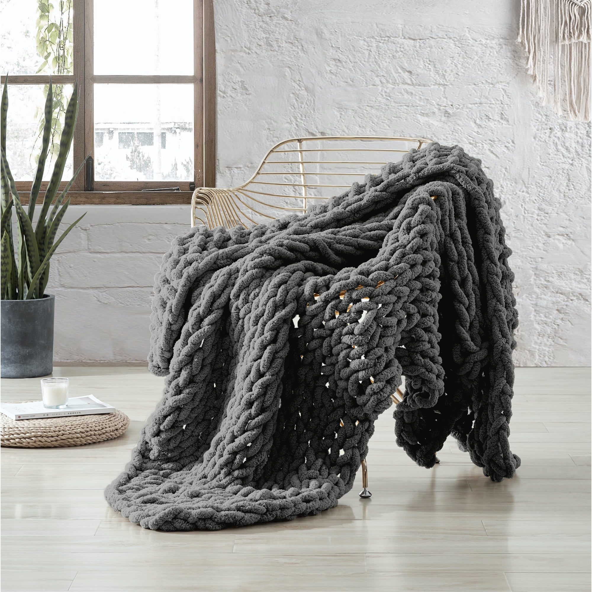 Modern Threads Hand Knit Chenille Chunky Knit Throw, 50" x 60", Dark