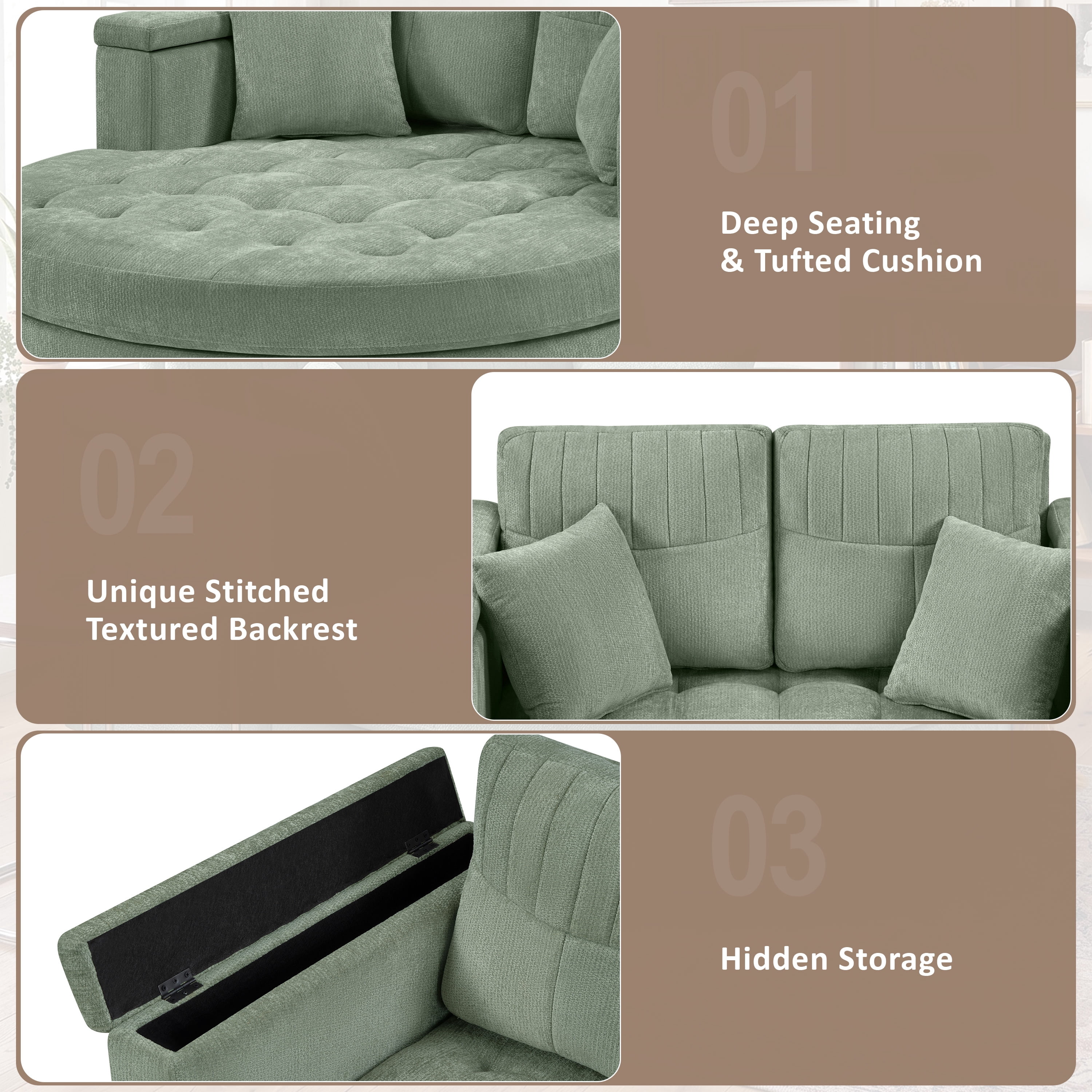 Euroco 66.9" Oversized Chaise Lounge Chair Indoor,Cloud Plush Chenille Floor Sofa Bed with Deep Seat,Storage Arms & Removable Pillows,Modern Upholstered Sofa Couch for Living Room,Green